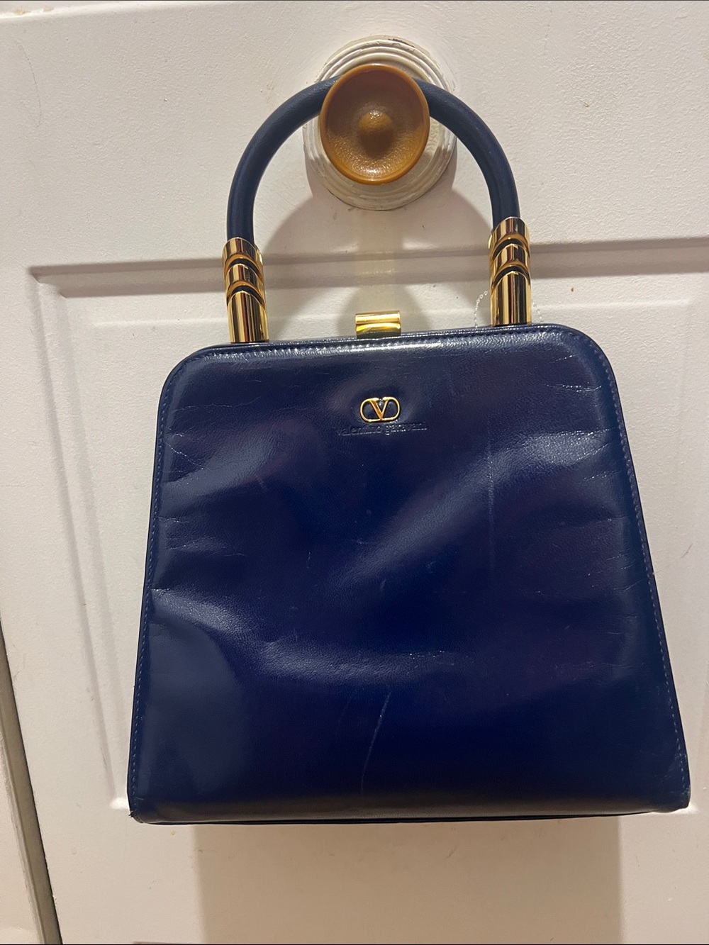 Valentino Navy Leather Top-Handle Satchel with Gold Hardware vintage